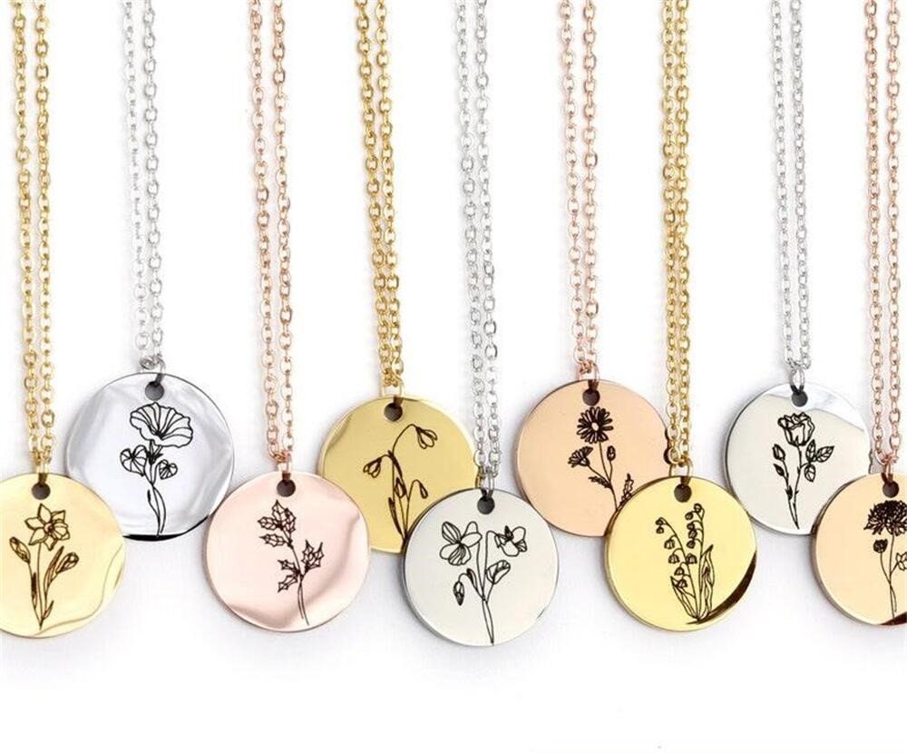 18K Gold Plated Personalized Birth Flower Necklace, Customized Jewelry, Engraved Necklace, Custom Birthday Gift Handmade Handcrafted Jewelry