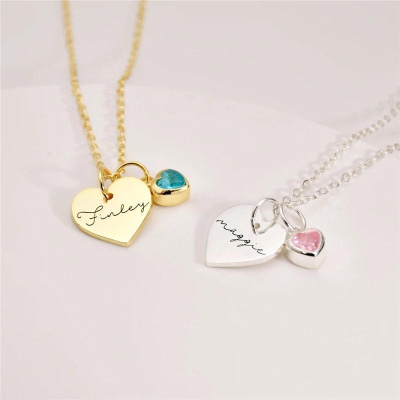 18K Gold Plated Personalized Heart Name Birthstone Necklace Customized Actual Handwriting Custom Handmade Jewelry Engrave Name Necklace Gift