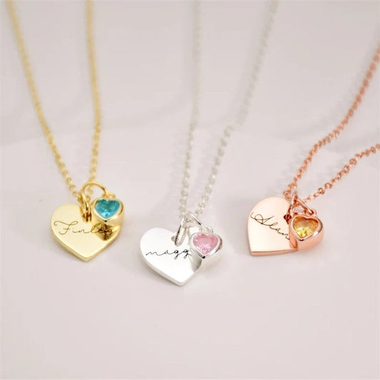 18K Gold Plated Personalized Heart Name Birthstone Necklace Customized Actual Handwriting Custom Handmade Jewelry Engrave Name Necklace Gift