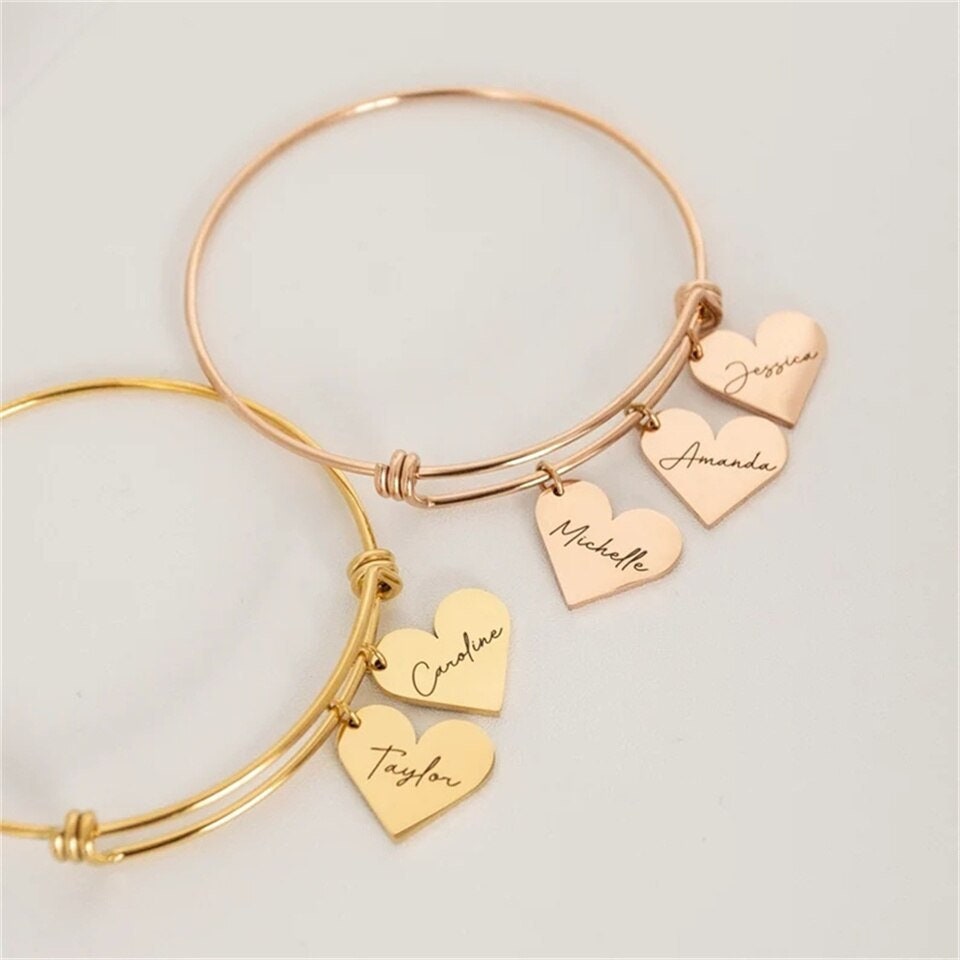 Personalized Heart Charm Bracelet Name Bangle