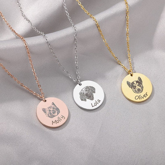 18K Gold Plated Personalized Dog Mom Gift, Customized Pet Engraved Portrait Dog Necklace, Custom Jewelry Gift, Pet Dog Name Necklace Jewelry