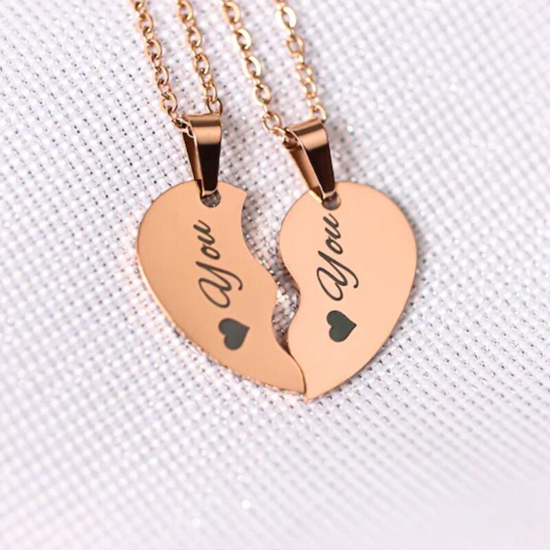 18K Gold Plated Personalized Engraved Split Hearts Shape Necklace Customized Jewelry Gift Engraved Heart Friendship Necklace Sharing Pendant