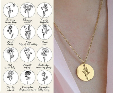 18K Gold Plated Personalized Birth Flower Necklace, Customized Jewelry, Engraved Necklace, Custom Birthday Gift Handmade Handcrafted Jewelry