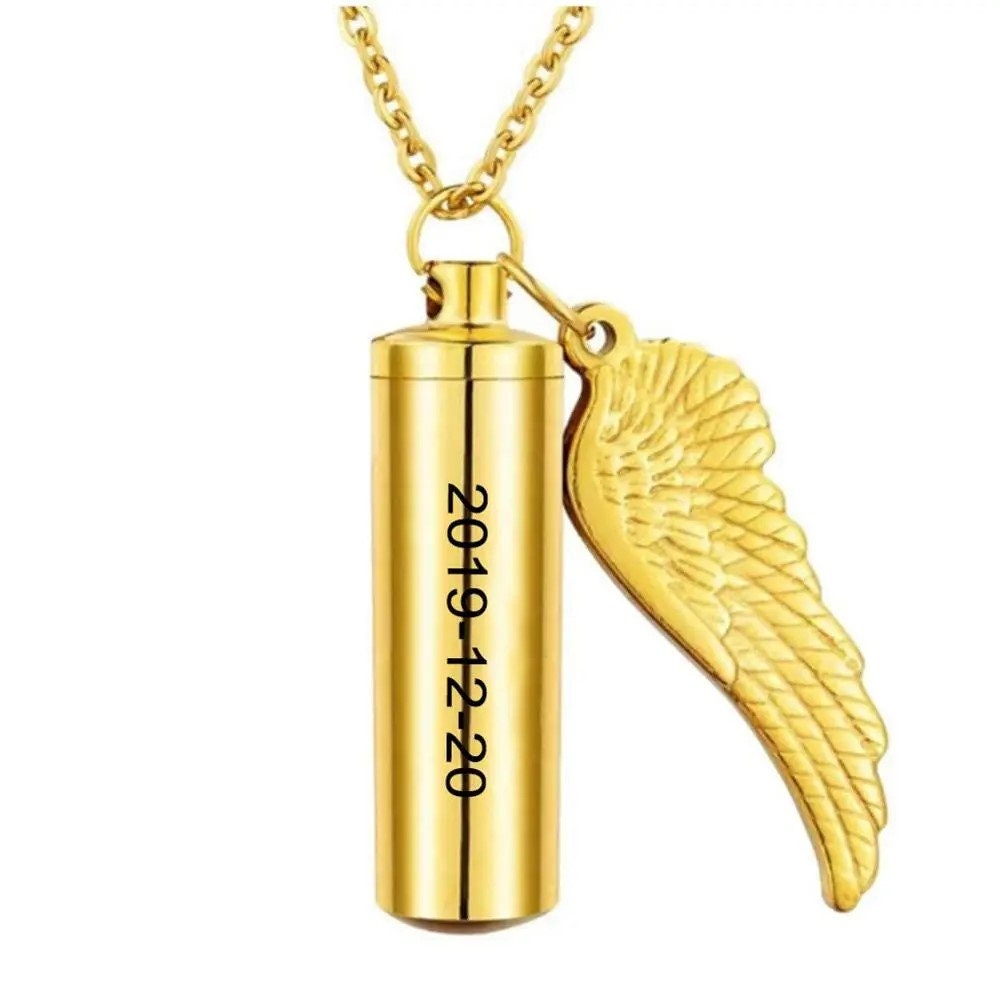 18K Gold Plated Personalized Cylinder Cremation Urn Necklace, Memorial Keepsake Pendant Jewelry, Angel Wing Customized Ashes Holder Necklace