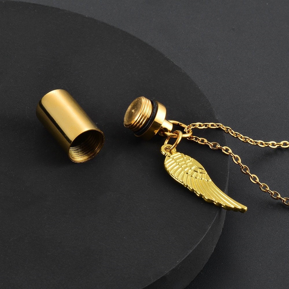 18K Gold Plated Personalized Cylinder Cremation Urn Necklace, Memorial Keepsake Pendant Jewelry, Angel Wing Customized Ashes Holder Necklace