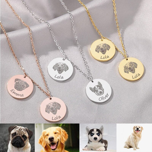 18K Gold Plated Personalized Dog Mom Gift, Customized Pet Engraved Portrait Dog Necklace, Custom Jewelry Gift, Pet Dog Name Necklace Jewelry