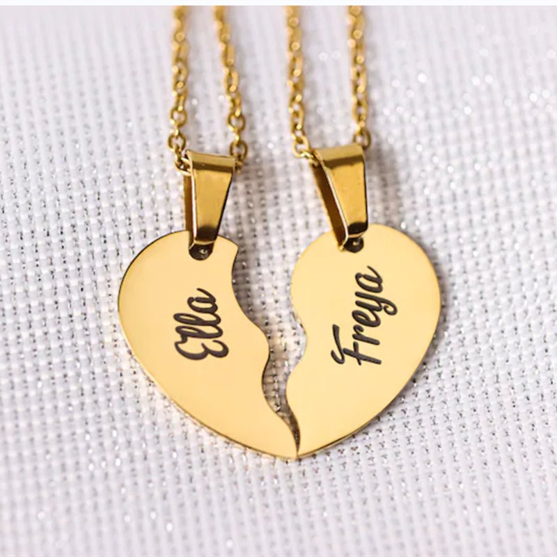 18K Gold Plated Personalized Engraved Split Hearts Shape Necklace Customized Jewelry Gift Engraved Heart Friendship Necklace Sharing Pendant