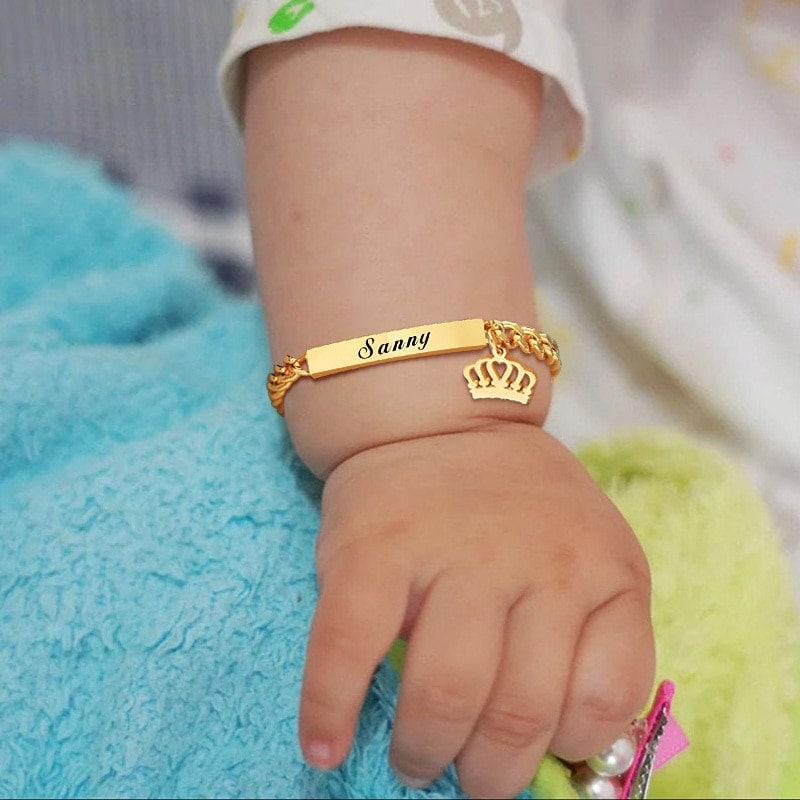 Personalized Baby Bracelet ID Custom Name Bracelet Engraved Baby Jewelry Crown Charm