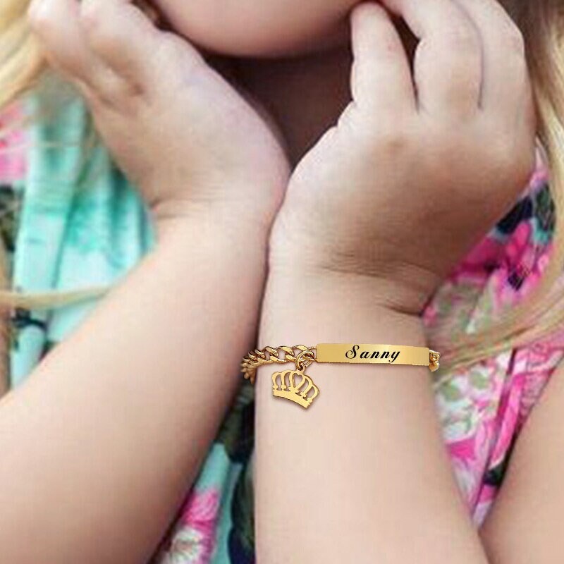 Personalized Baby Bracelet ID Custom Name Bracelet Engraved Baby Jewelry Crown Charm