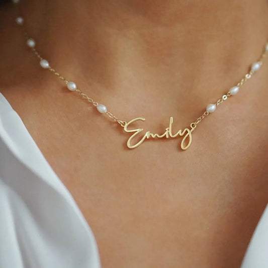 18K Gold Plated Personalized Pearl Name Necklace Handmade Jewelry, Customized Beaded Pearl Necklace with Nameplate Necklace with Pearls Name