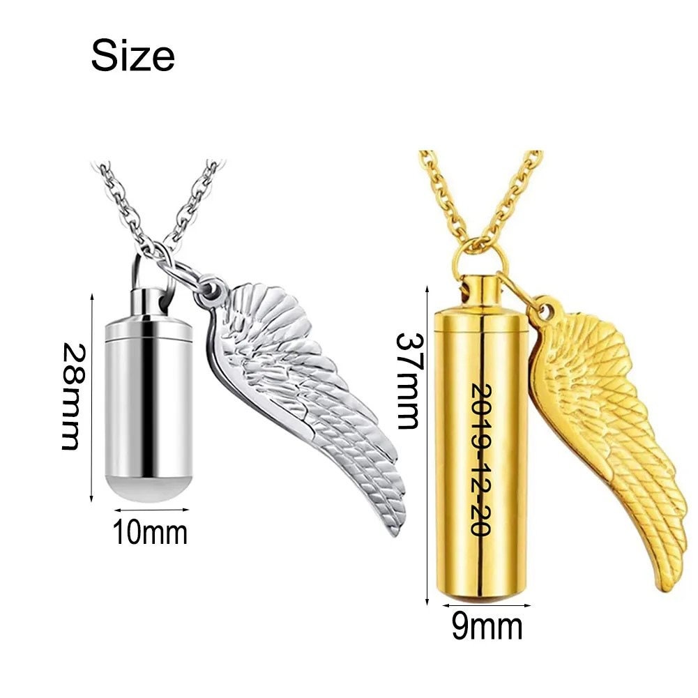 18K Gold Plated Personalized Cylinder Cremation Urn Necklace, Memorial Keepsake Pendant Jewelry, Angel Wing Customized Ashes Holder Necklace