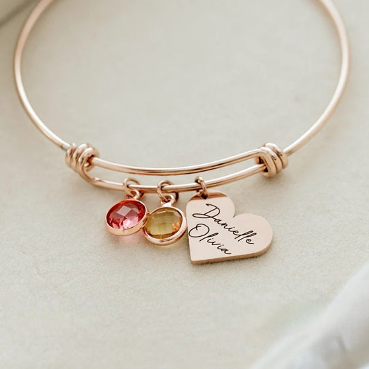 18K Gold Plated Personalized Name Heart Birthstone Bangle Bracelet Customized Name Jewelry, Handmade Jewelry Custom Name Bangle Gift For Her