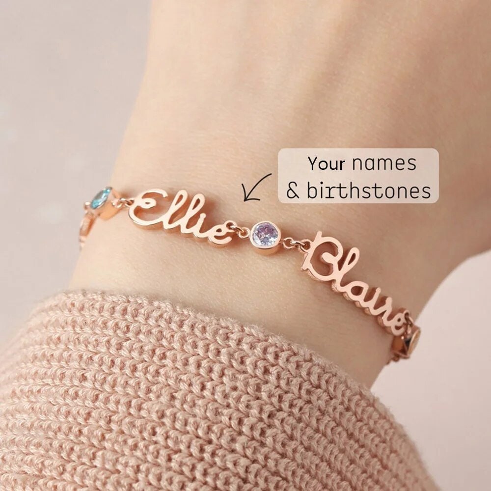 18K Gold Plated Multi-Name Bracelet Personalized Birthstone Jewelry Birthday Gift For Mom Customized Jewelry Name Bangle Custom Jewelry Gift