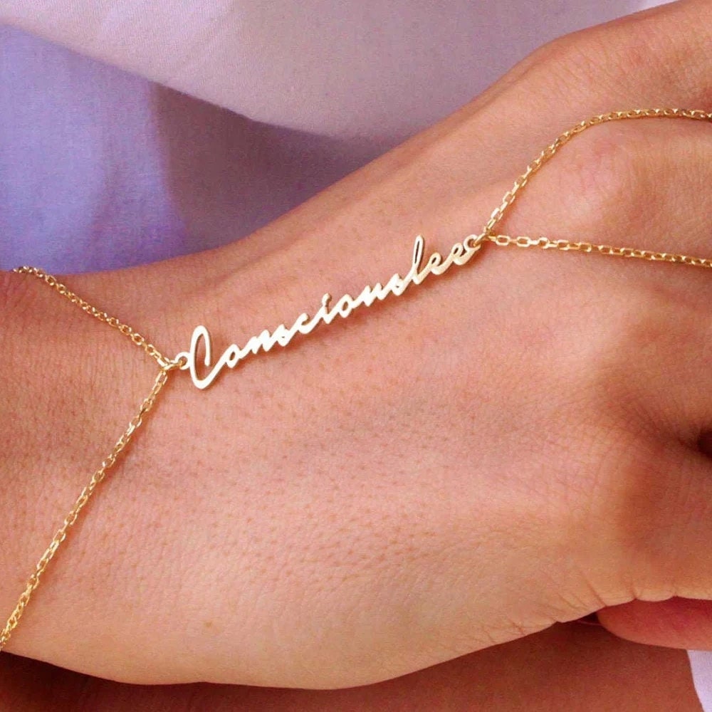 18K Gold Plated Personalized Name Dainty Hand Chain Bracelet, Link Ring Slave Finger Chain Bracelet Customized Jewelry, Custom Jewelry Gift