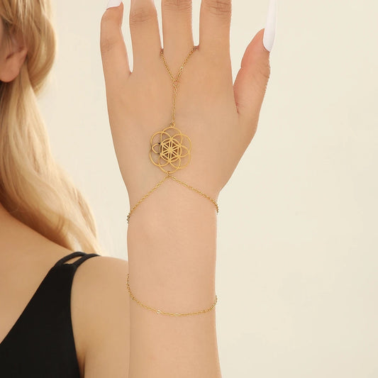 18K Gold Plated Aesthetic Geometry Hand Chain Bracelet, Link Ring Slave Bracelet, Finger Chain Bracelet, Personalized Jewelry Gift, For Her