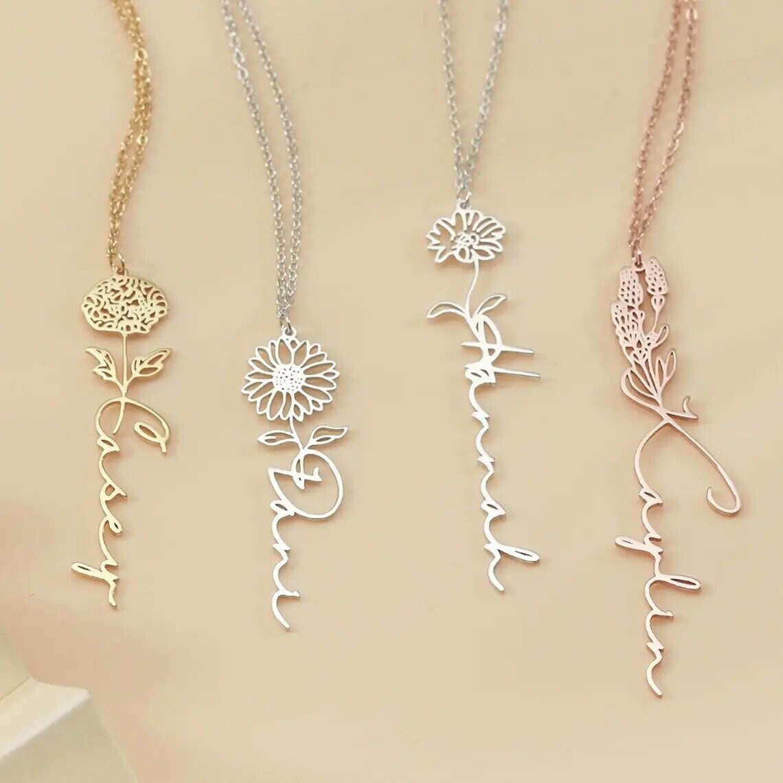 18K Gold Plated Custom Name Necklace Birth Month Flower Vertical Necklace, Customized Name Jewelry Personalized Minimalist Handmade Jewelry