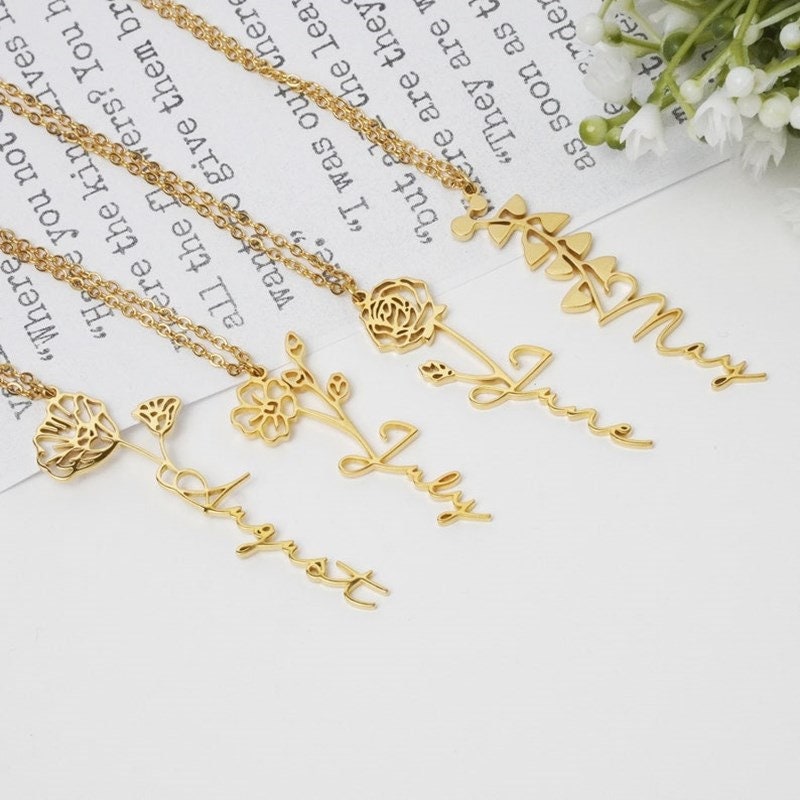 18K Gold Plated Custom Name Necklace Birth Month Flower Vertical Necklace, Customized Name Jewelry Personalized Minimalist Handmade Jewelry