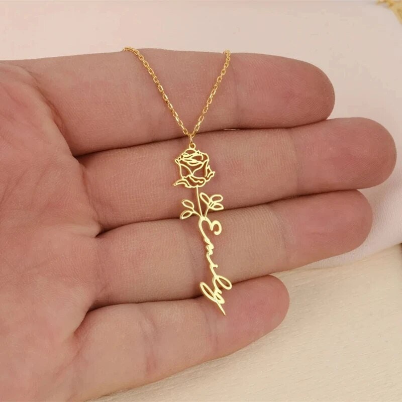 18K Gold Plated Custom Name Necklace Birth Month Flower Vertical Necklace, Customized Name Jewelry Personalized Minimalist Handmade Jewelry