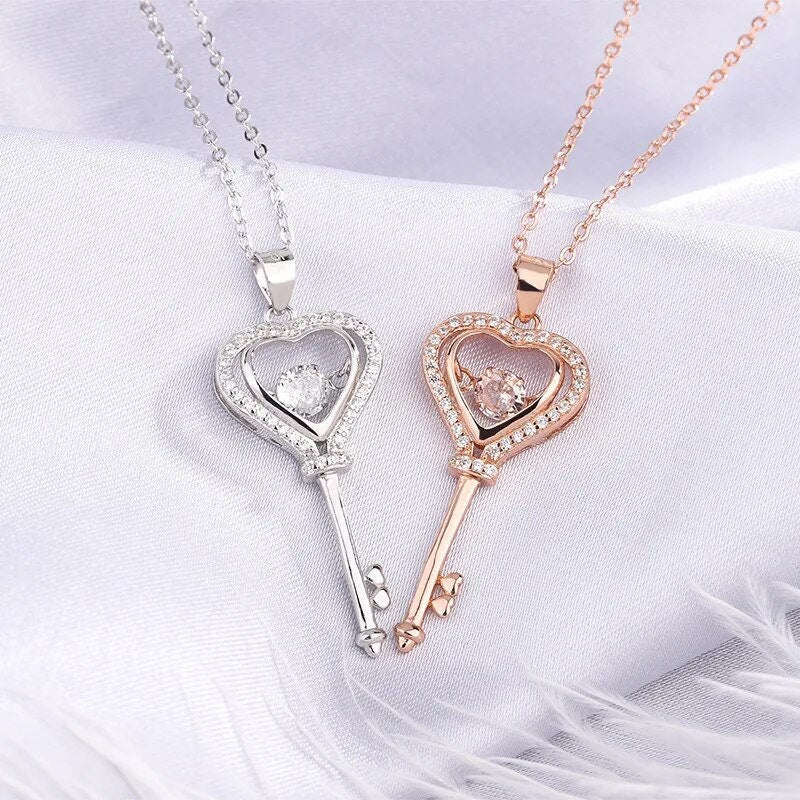 Crystal Zircon Love Key Necklace Pendant Jewelry Necklace Charm Jewelry Gift Key Necklace Luxury Heart Clavicle Chain Versatile Pendant