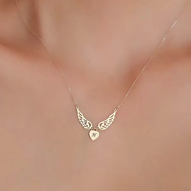 18K Gold Plated Personalized Initial Letter Angel Wings Necklace, A - Z Pendant Customized Necklace, Jewelry Custom Handmade Jewelry Gift