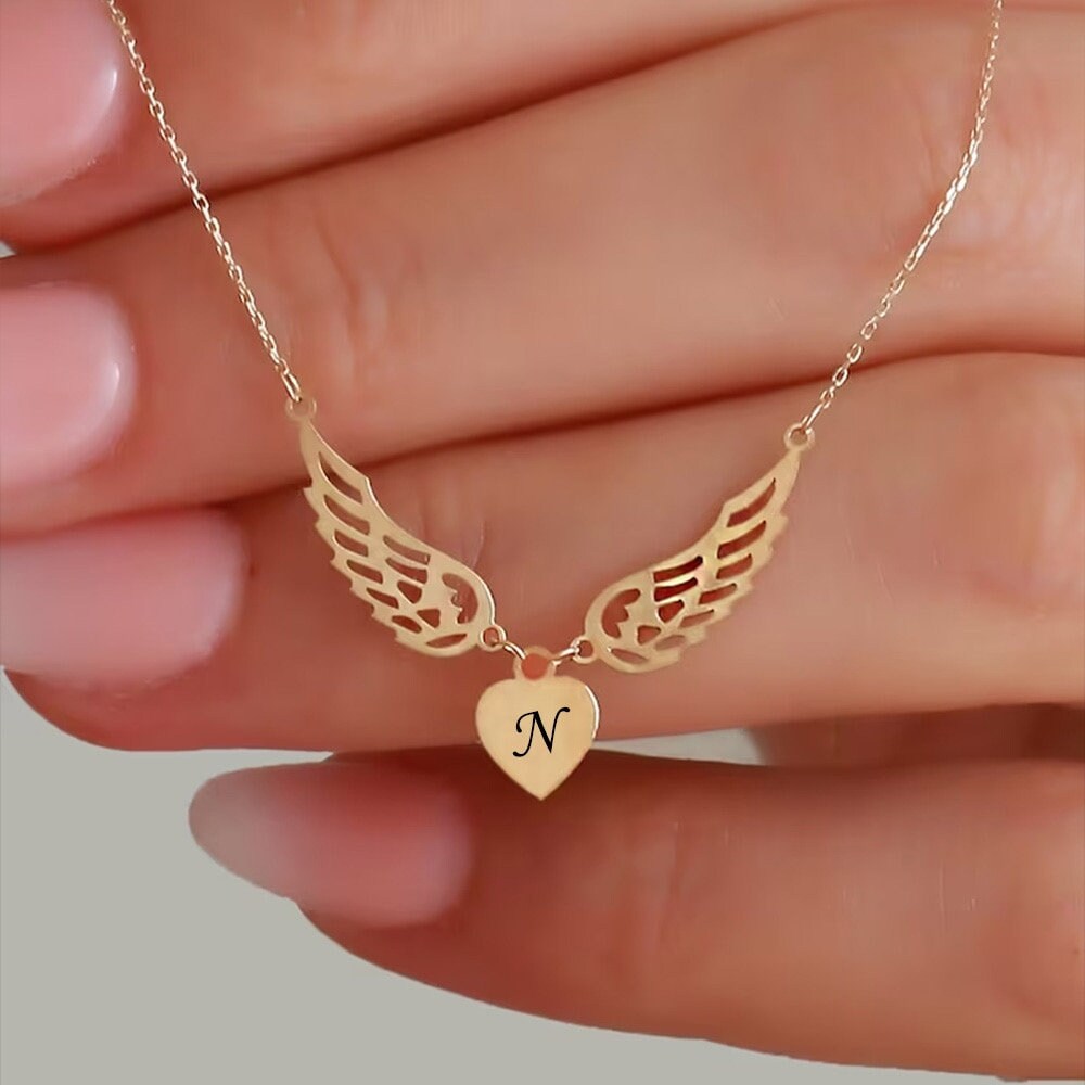 18K Gold Plated Personalized Initial Letter Angel Wings Necklace, A - Z Pendant Customized Necklace, Jewelry Custom Handmade Jewelry Gift