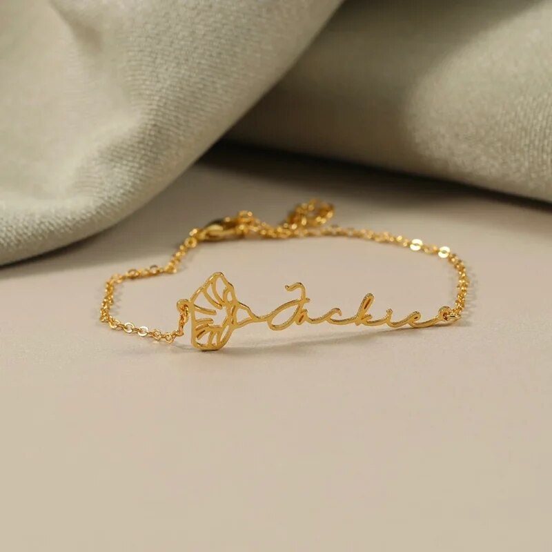 18K Gold Plated Personalized Birth Month Flower Name Bracelet, Customized Handcrafted Jewelry, Custom Name Nameplate Bracelet, Gift for Her