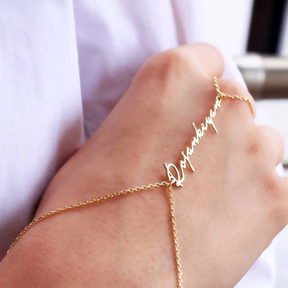 18K Gold Plated Personalized Name Dainty Hand Chain Bracelet, Link Ring Slave Finger Chain Bracelet Customized Jewelry, Custom Jewelry Gift