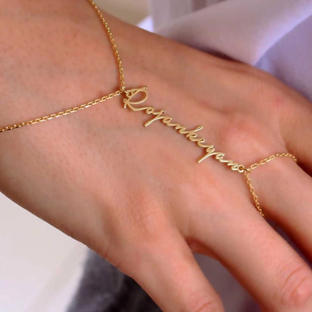 18K Gold Plated Personalized Name Dainty Hand Chain Bracelet, Link Ring Slave Finger Chain Bracelet Customized Jewelry, Custom Jewelry Gift