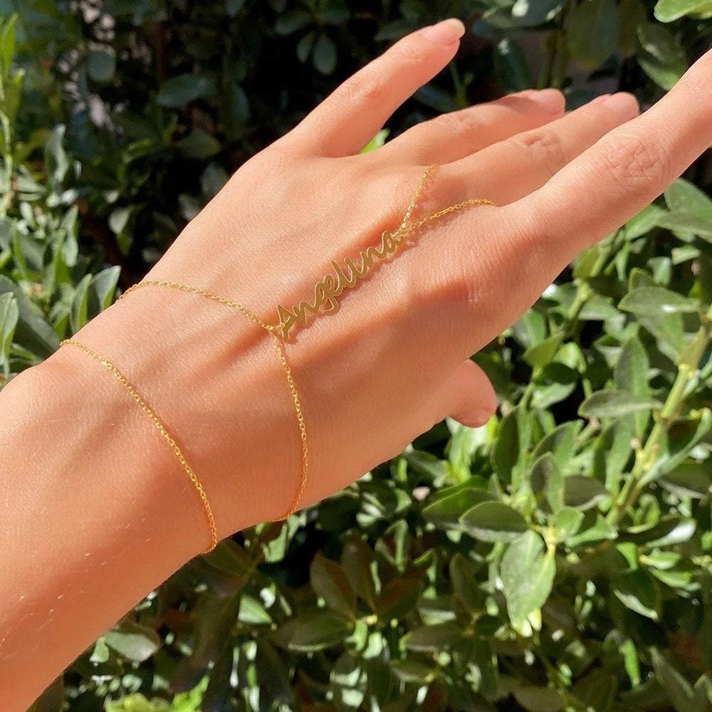 18K Gold Plated Personalized Name Dainty Hand Chain Bracelet, Link Ring Slave Finger Chain Bracelet Customized Jewelry, Custom Jewelry Gift