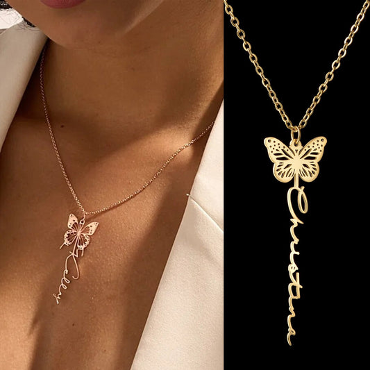 18K Gold Plated Personalized Butterfly Birth Month Name Necklace, Customized Birth Month Jewelry, Custom Handcrafted Jewelry Choker Gift