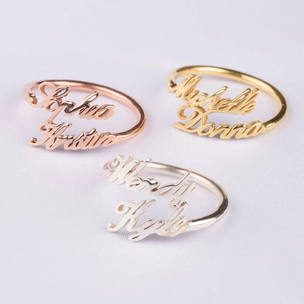 18K Gold Plated Personalized Ring Two Name Engrave Customizable Finger Ring Adjustable Customized Nameplate, Handcrafted Custom Jewelry Gift