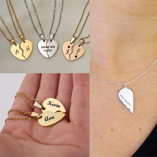 18K Gold Plated Personalized Engraved Split Hearts Shape Necklace Customized Jewelry Gift Engraved Heart Friendship Necklace Sharing Pendant