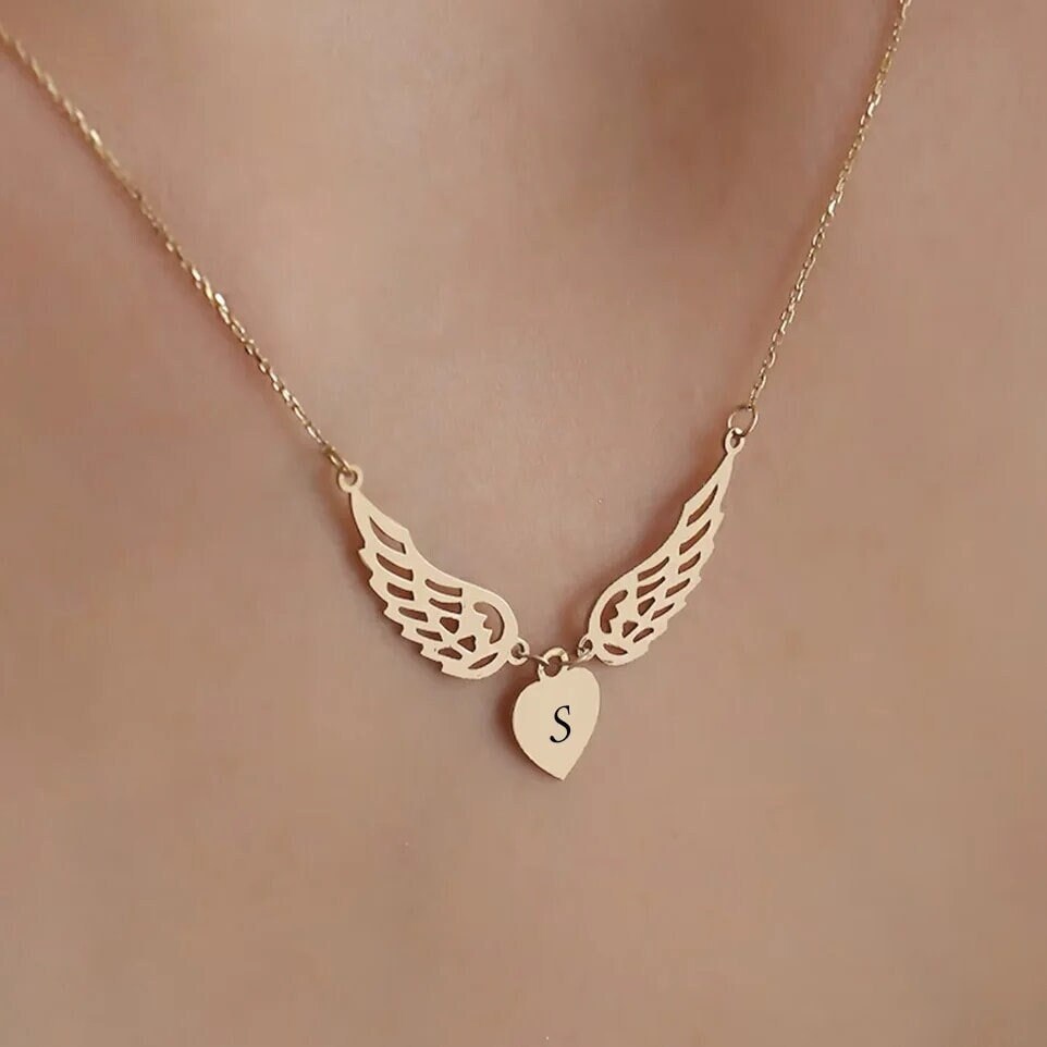 18K Gold Plated Personalized Initial Letter Angel Wings Necklace, A - Z Pendant Customized Necklace, Jewelry Custom Handmade Jewelry Gift