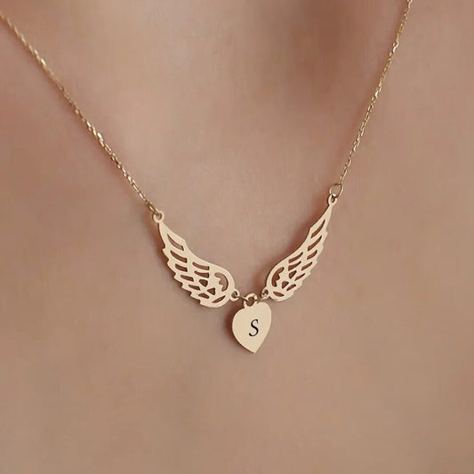 18K Gold Plated Personalized Initial Letter Angel Wings Necklace, A - Z Pendant Customized Necklace, Jewelry Custom Handmade Jewelry Gift