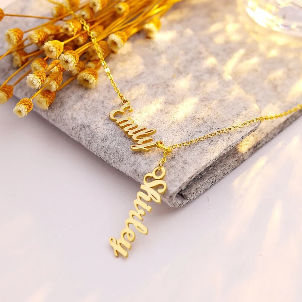 18K Gold Plated Personalized Two-Name Necklace, Customized Family Name Necklace, Handcrafted Jewelry, Custom Unique Jewelry, Gift For Her