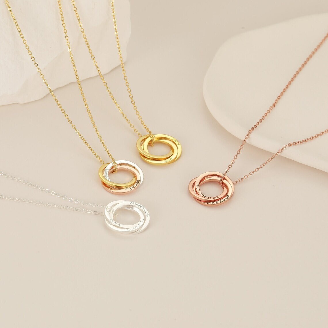 18K Gold Plated Three Linked Interlocking Circle Name Necklace Personalized Engraved Children Name Necklace, Customized Jewelry Pendant Gift