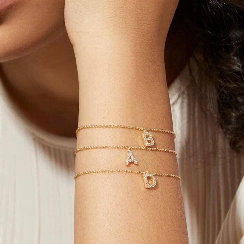 18K Gold Plated Personalized Name Initial Letter Bracelet, Customized Initial Letter Name Jewelry, Custom Jewelry Gift, Letter Charm Bangle