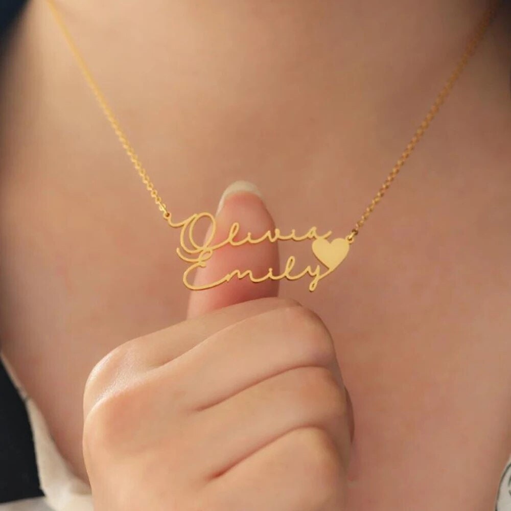 18K Gold Plated Personalized Two Name Heart Necklace Customized Necklace Handcrafted Custom Jewelry Nameplate Pendant Gifts For Mom, For Her