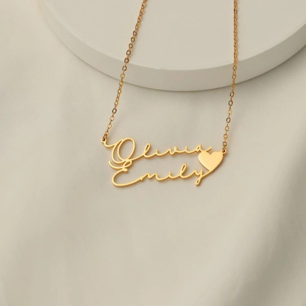 18K Gold Plated Personalized Two Name Heart Necklace Customized Necklace Handcrafted Custom Jewelry Nameplate Pendant Gifts For Mom, For Her