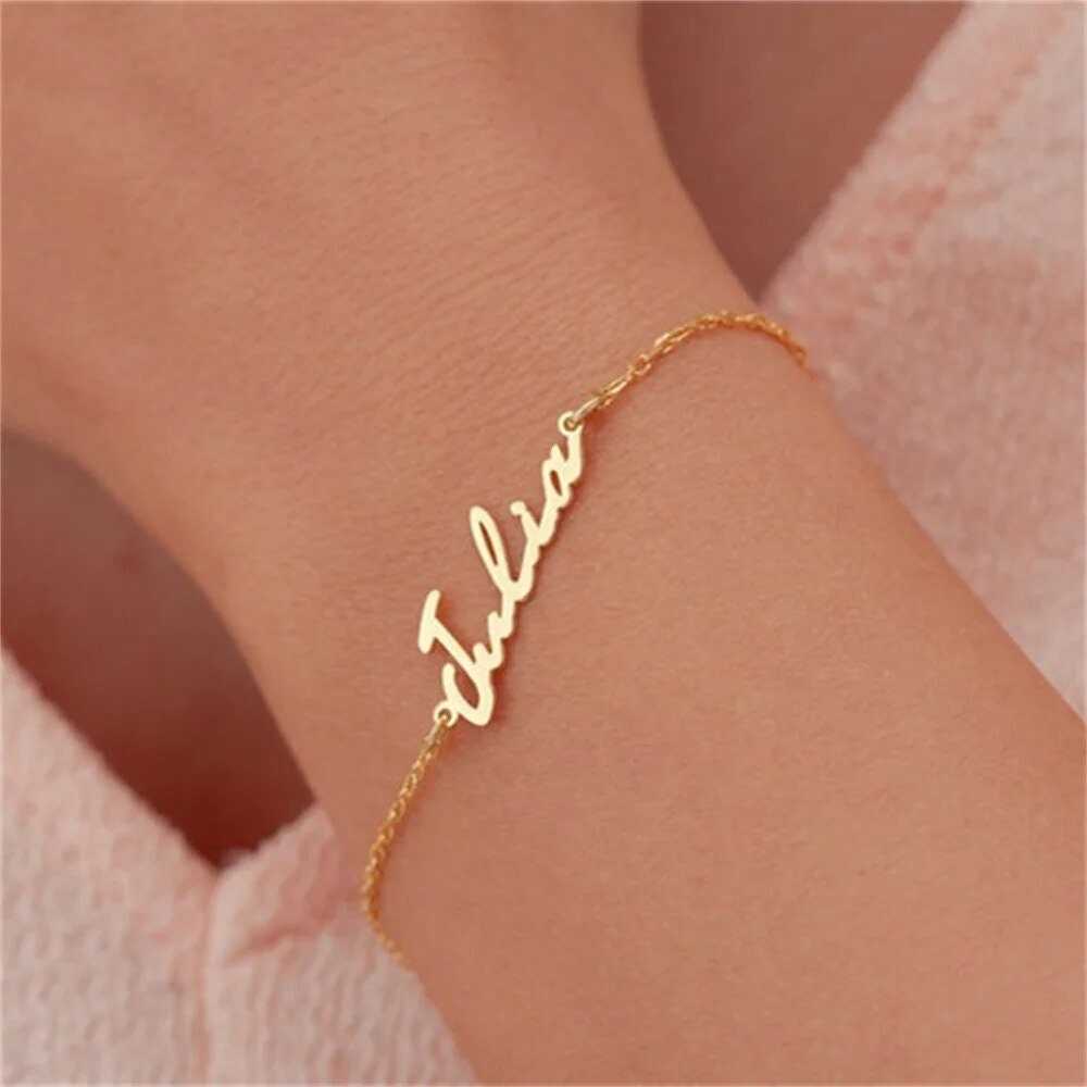 18K Gold Plated Personalized Name Bracelet, Customized Name Bracelet Handcrafted Custom Jewelry, Nameplate Jewelry Gift For Mom, For Her