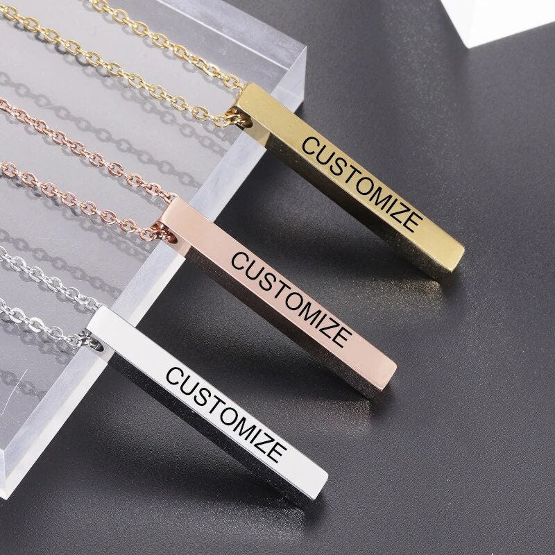 18K Gold Plated Personalized 3D 4 Sides Bar Name Necklace Customized Pendant Jewelry Monogram Name Necklace Custom Handmade Engraved Jewelry