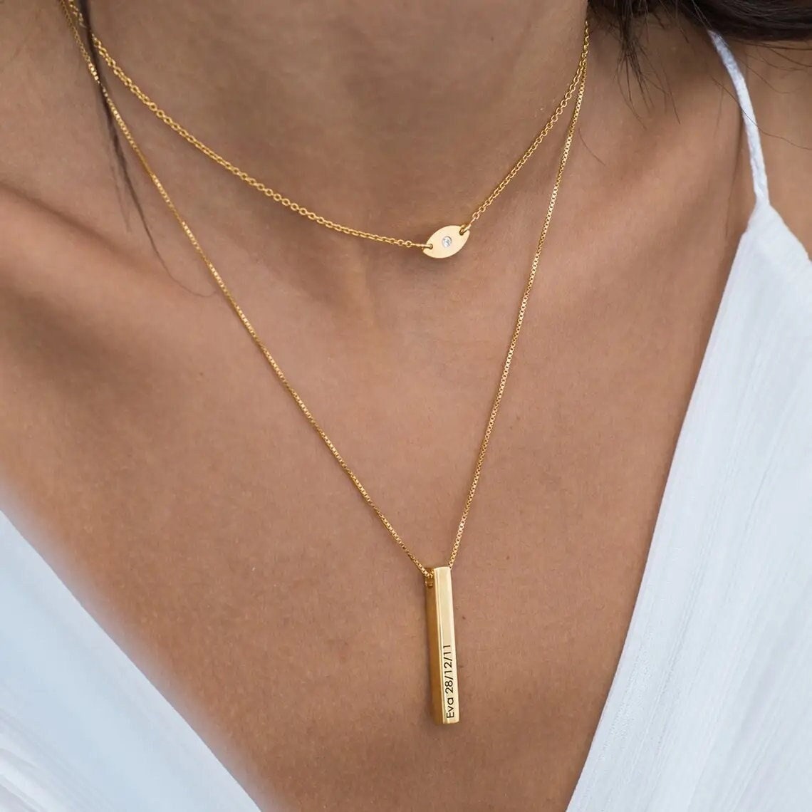 18K Gold Plated Personalized 3D 4 Sides Bar Name Necklace Customized Pendant Jewelry Monogram Name Necklace Custom Handmade Engraved Jewelry