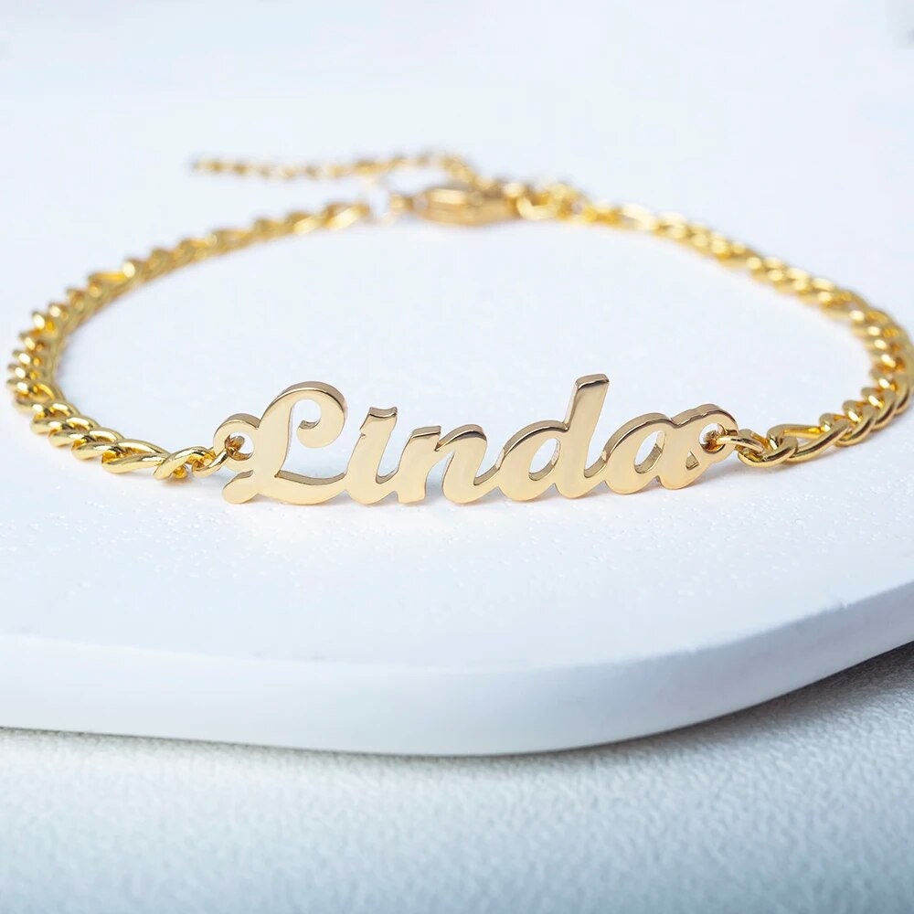 18K Gold Plated Personalized Name Bracelet Personalized Nameplate Bangle Custom Jewelry Bracelet Box Chain Bangle Jewelry Wrist Jewelry Gift