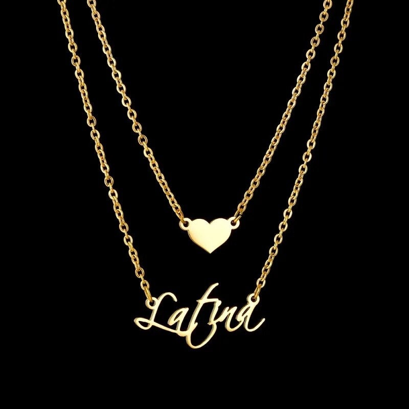 18K Gold Plated Personalized Name Necklace Double Layer With Heart, Customized Name Necklace, Handcrafted Custom Jewelry Nameplate Pendant