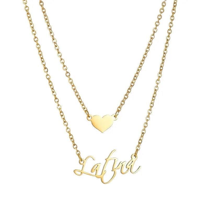 18K Gold Plated Personalized Name Necklace Double Layer With Heart, Customized Name Necklace, Handcrafted Custom Jewelry Nameplate Pendant