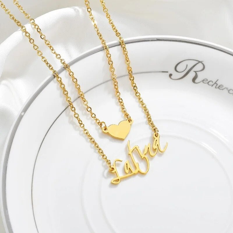 18K Gold Plated Personalized Name Necklace Double Layer With Heart, Customized Name Necklace, Handcrafted Custom Jewelry Nameplate Pendant