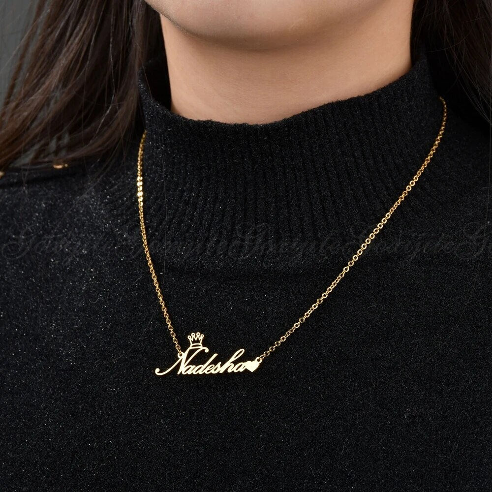 18K Gold Plated Personalized Name Heart & Heart Necklace, Customized Name Necklace Handcrafted Jewelry Custom Nameplate Pendant Gift For Her