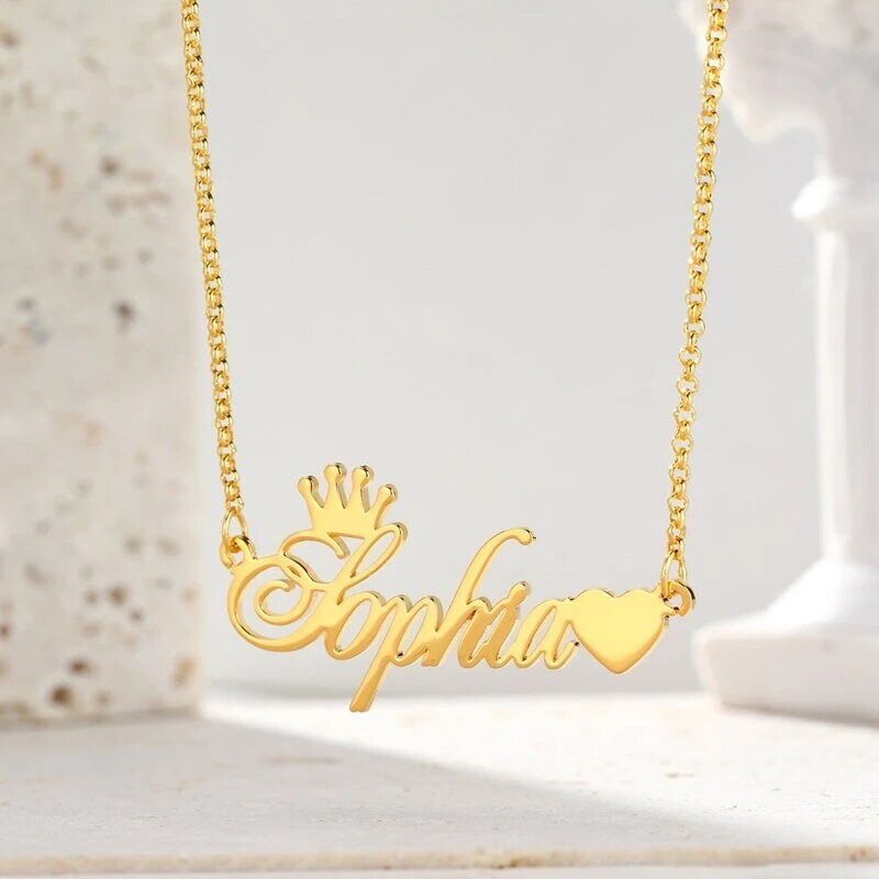 18K Gold Plated Personalized Name Heart & Heart Necklace, Customized Name Necklace Handcrafted Jewelry Custom Nameplate Pendant Gift For Her