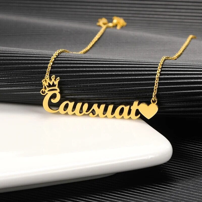 18K Gold Plated Personalized Name Heart & Heart Necklace, Customized Name Necklace Handcrafted Jewelry Custom Nameplate Pendant Gift For Her