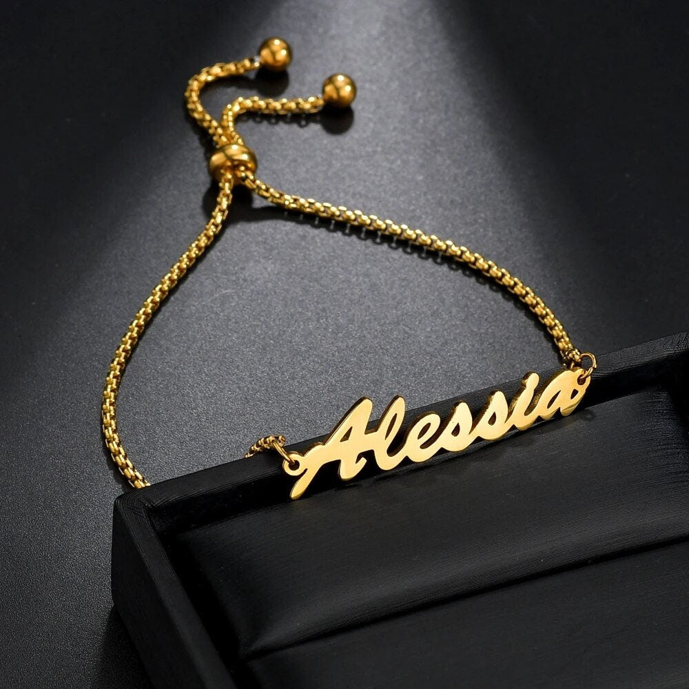 18K Gold Plated Personalized Name Bracelet, Customized Name Adjustable Bracelet Handcrafted Custom Jewelry, Nameplate Jewelry Gift For Her